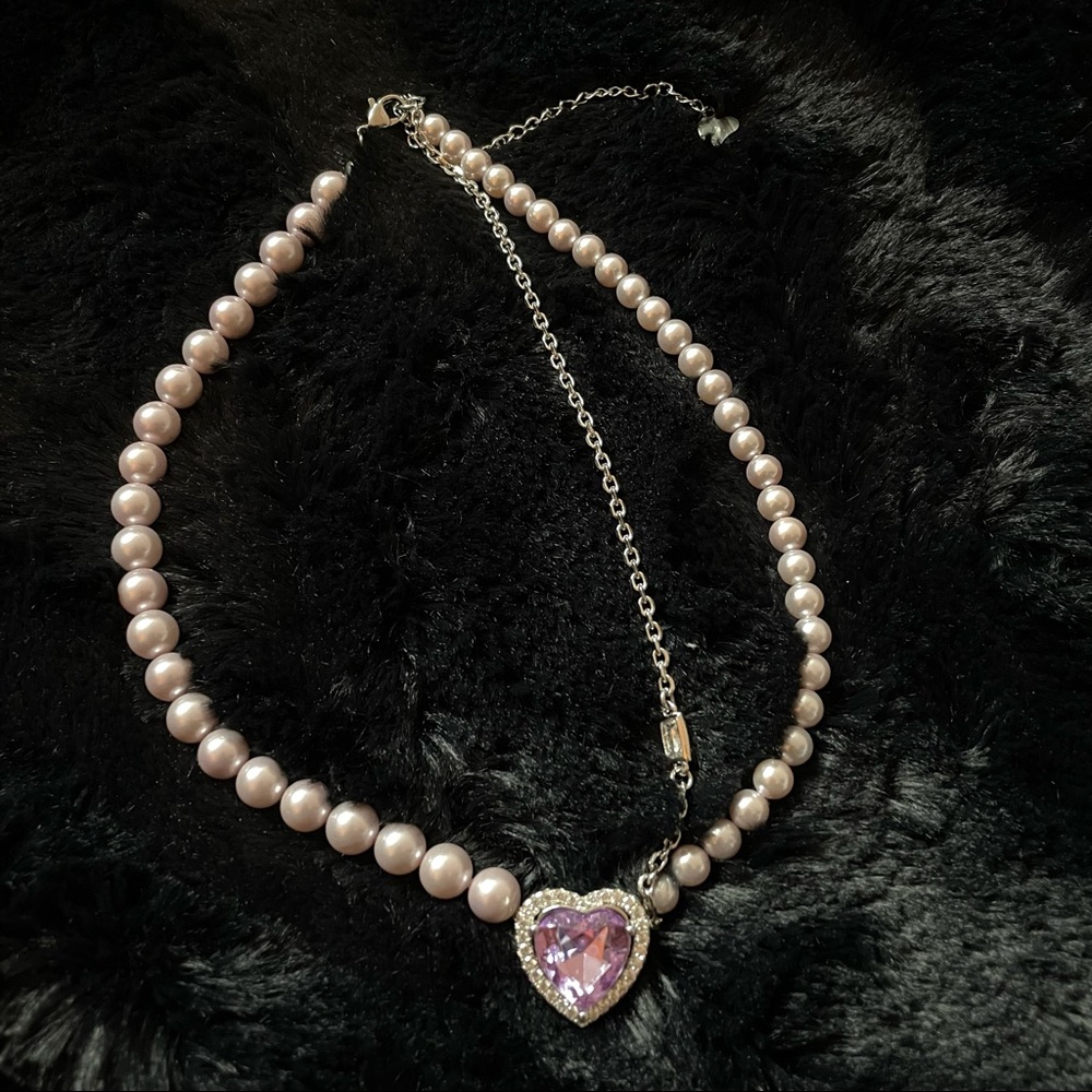Purple pearl rhinestone heart necklace
